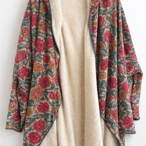 NATURAL LIFE Floral Sherpa-Lined Open Cardigan - Pink & Teal on Cream